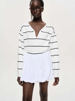 Women Source Unknown Knitwear-Deep V-Neck Sweater, White Stripe