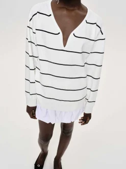 Women Source Unknown Knitwear-Deep V-Neck Sweater, White Stripe