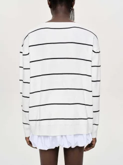 Women Source Unknown Knitwear-Deep V-Neck Sweater, White Stripe