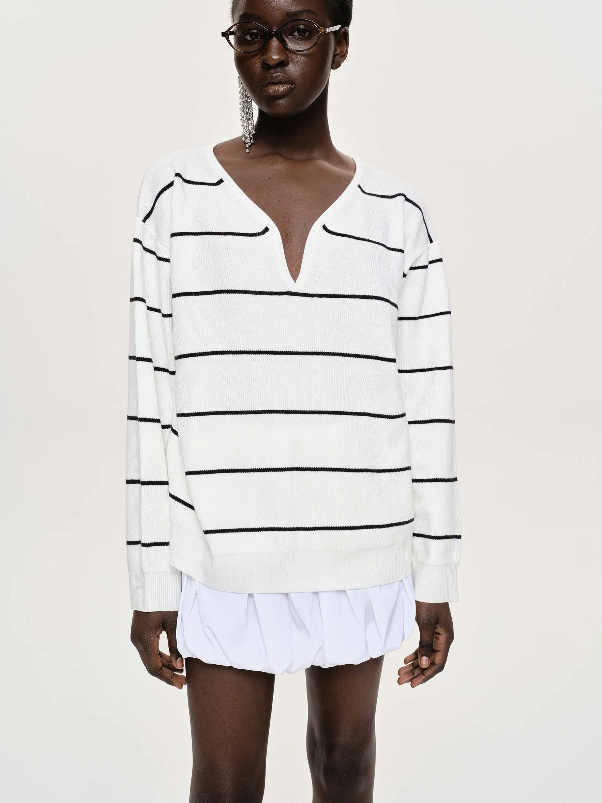 Women Source Unknown Knitwear-Deep V-Neck Sweater, White Stripe