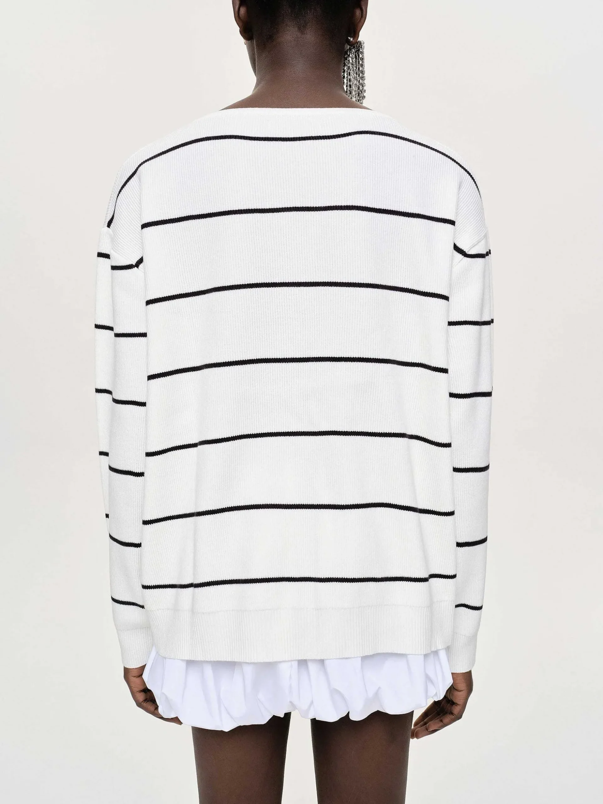 Women Source Unknown Clothing-Deep V-Neck Sweater, White Stripe