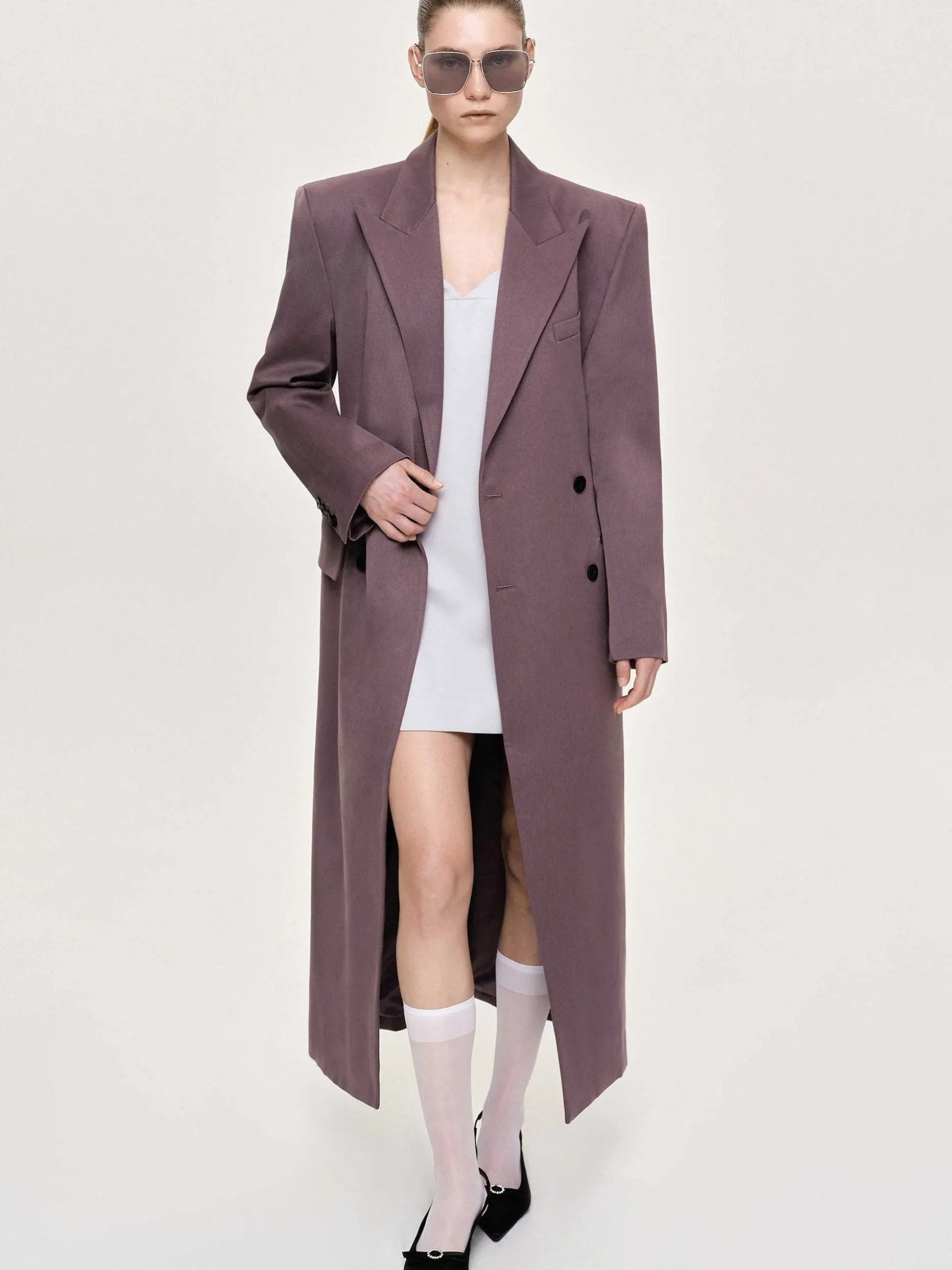 Women Source Unknown Outerwear-Delphina Long Hourglass Coat, Mauve Grey