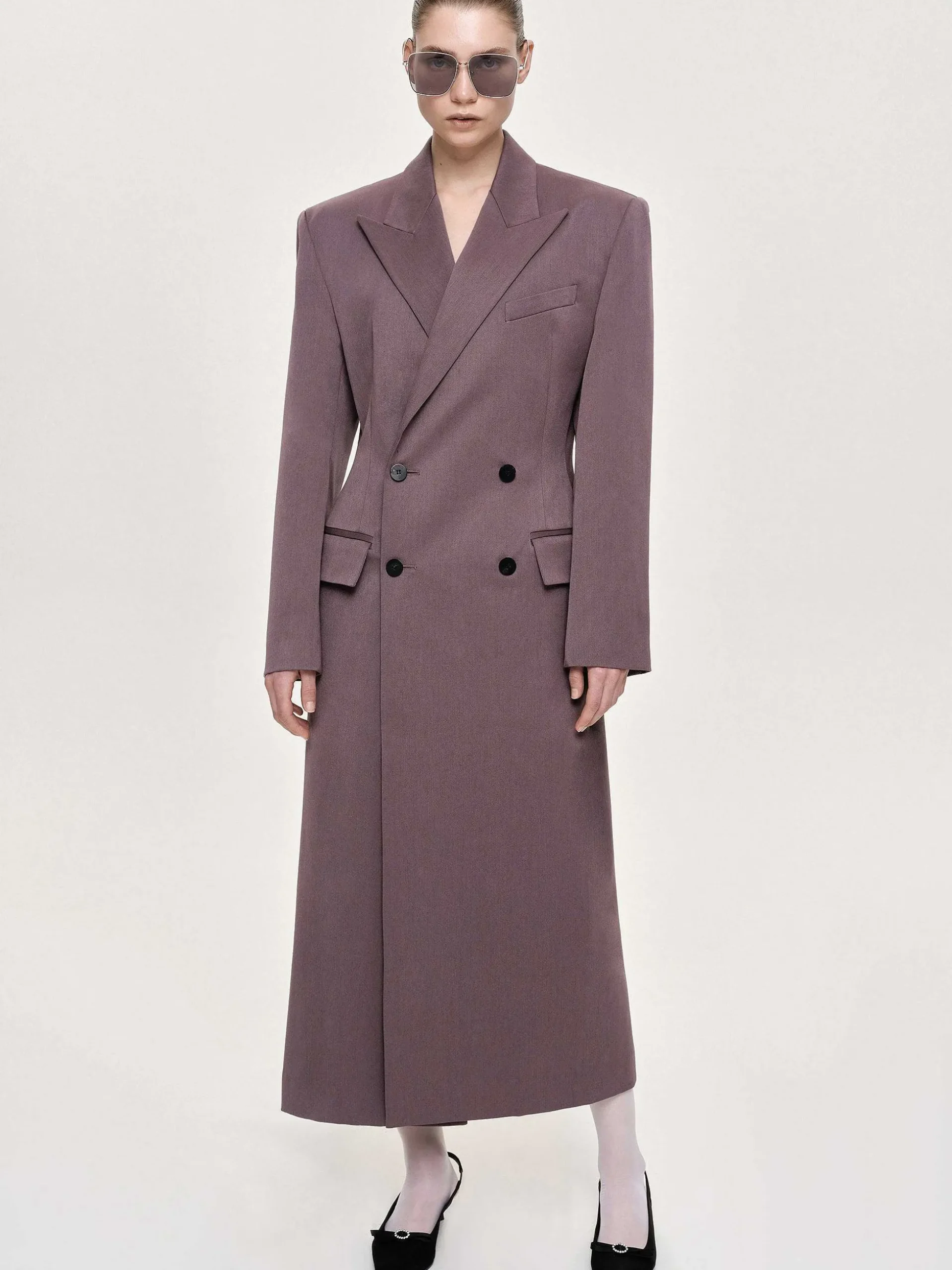 Women Source Unknown Outerwear-Delphina Long Hourglass Coat, Mauve Grey