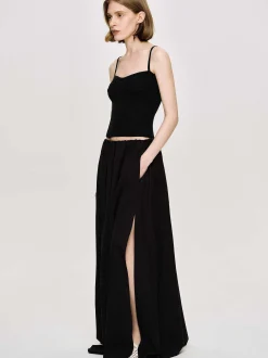 Women Source Unknown Clothing-Dhanila Floor-Length Linen Skirt, Black