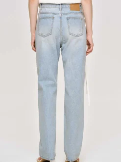 Women Source Unknown Clothing-Distressed Straight Jeans, Light Vintage Blue