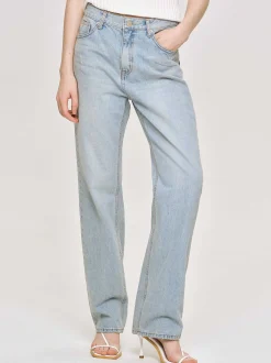 Women Source Unknown Clothing-Distressed Straight Jeans, Light Vintage Blue