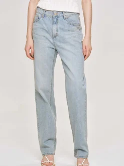 Women Source Unknown Clothing-Distressed Straight Jeans, Light Vintage Blue