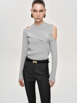 Women Source Unknown Clothing-Draped Cut-Out Knit, Taupe Gray