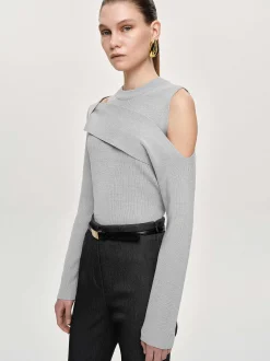 Women Source Unknown Clothing-Draped Cut-Out Knit, Taupe Gray