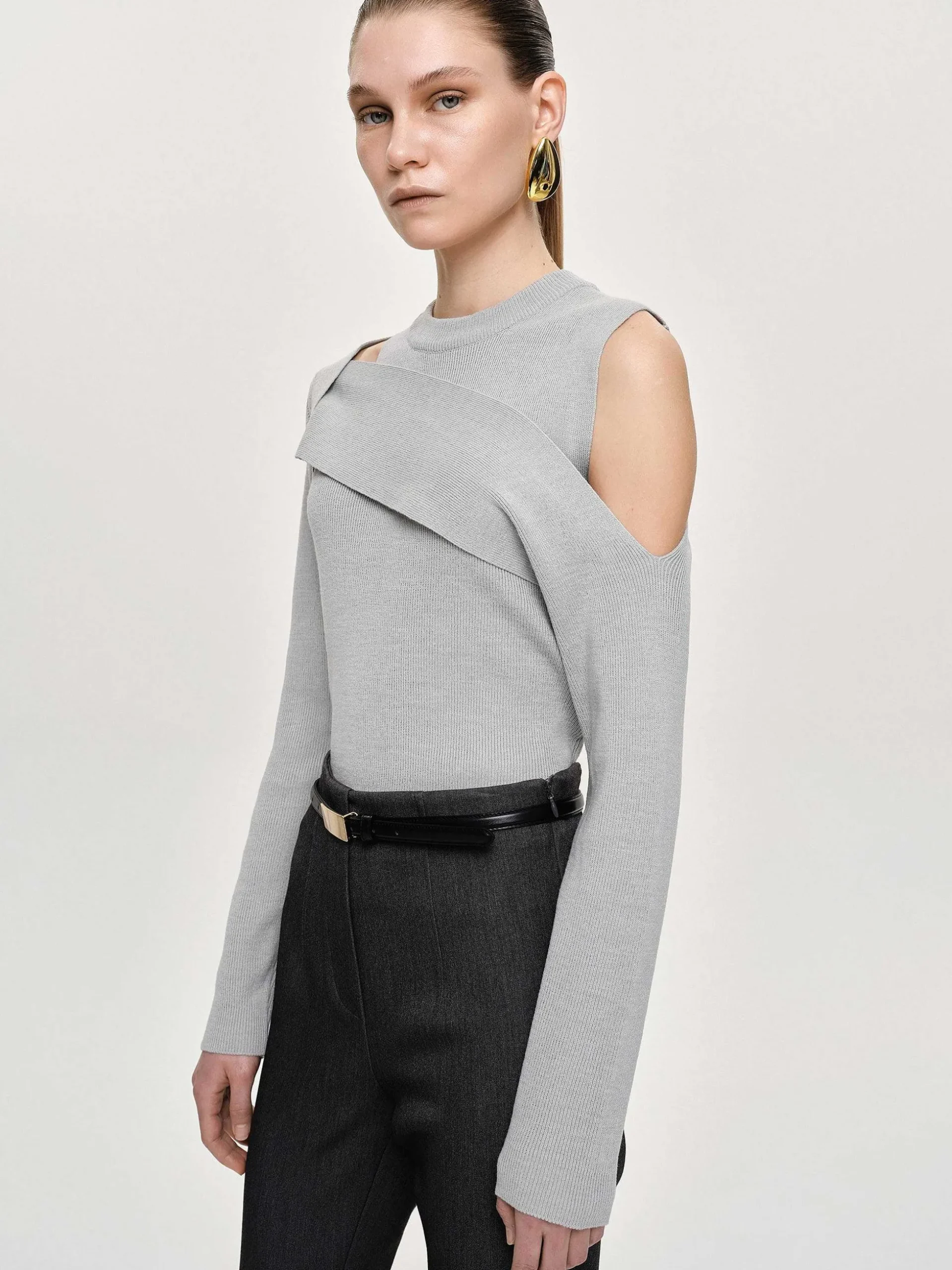Women Source Unknown Clothing-Draped Cut-Out Knit, Taupe Gray