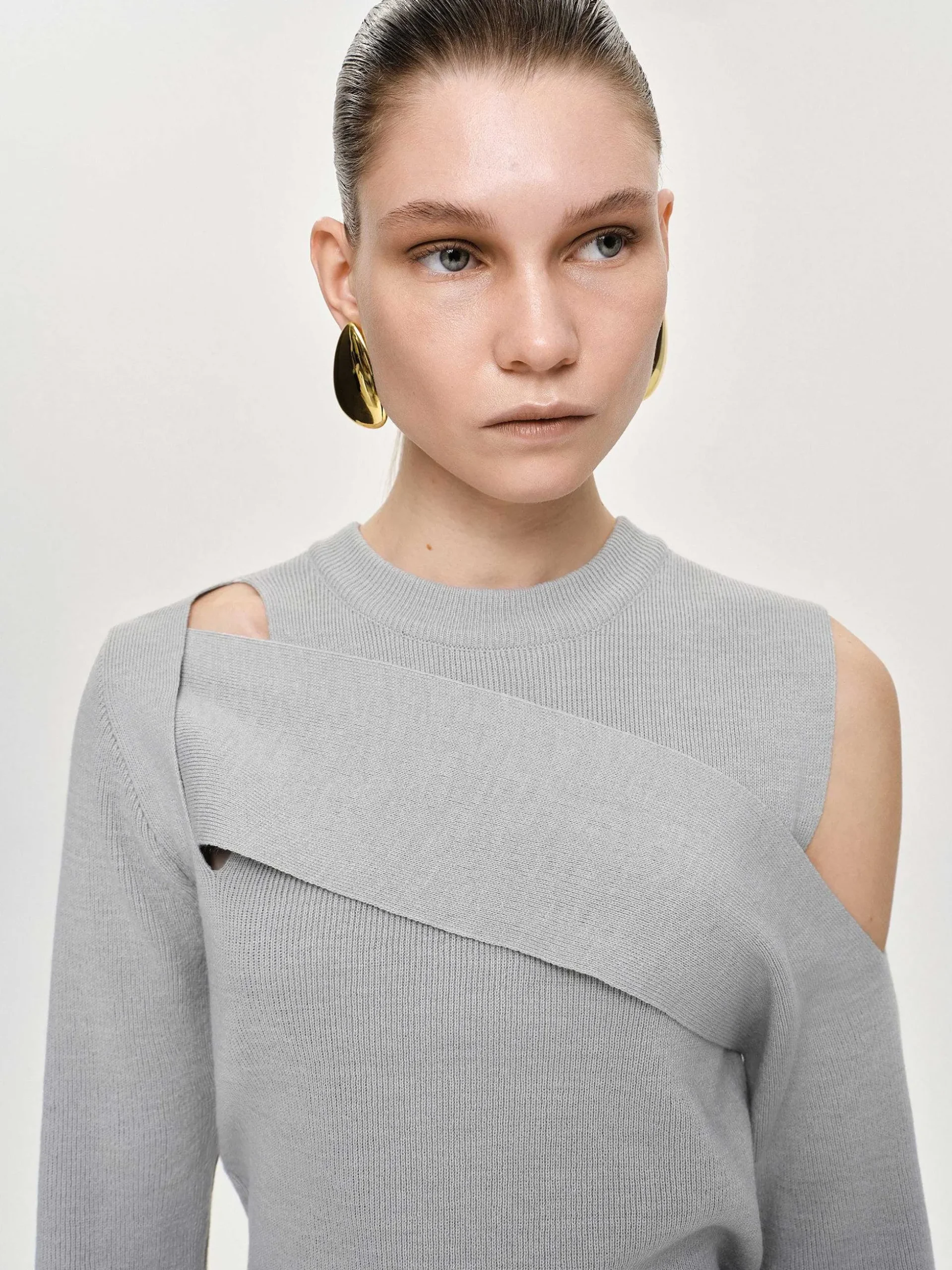 Women Source Unknown Clothing-Draped Cut-Out Knit, Taupe Gray