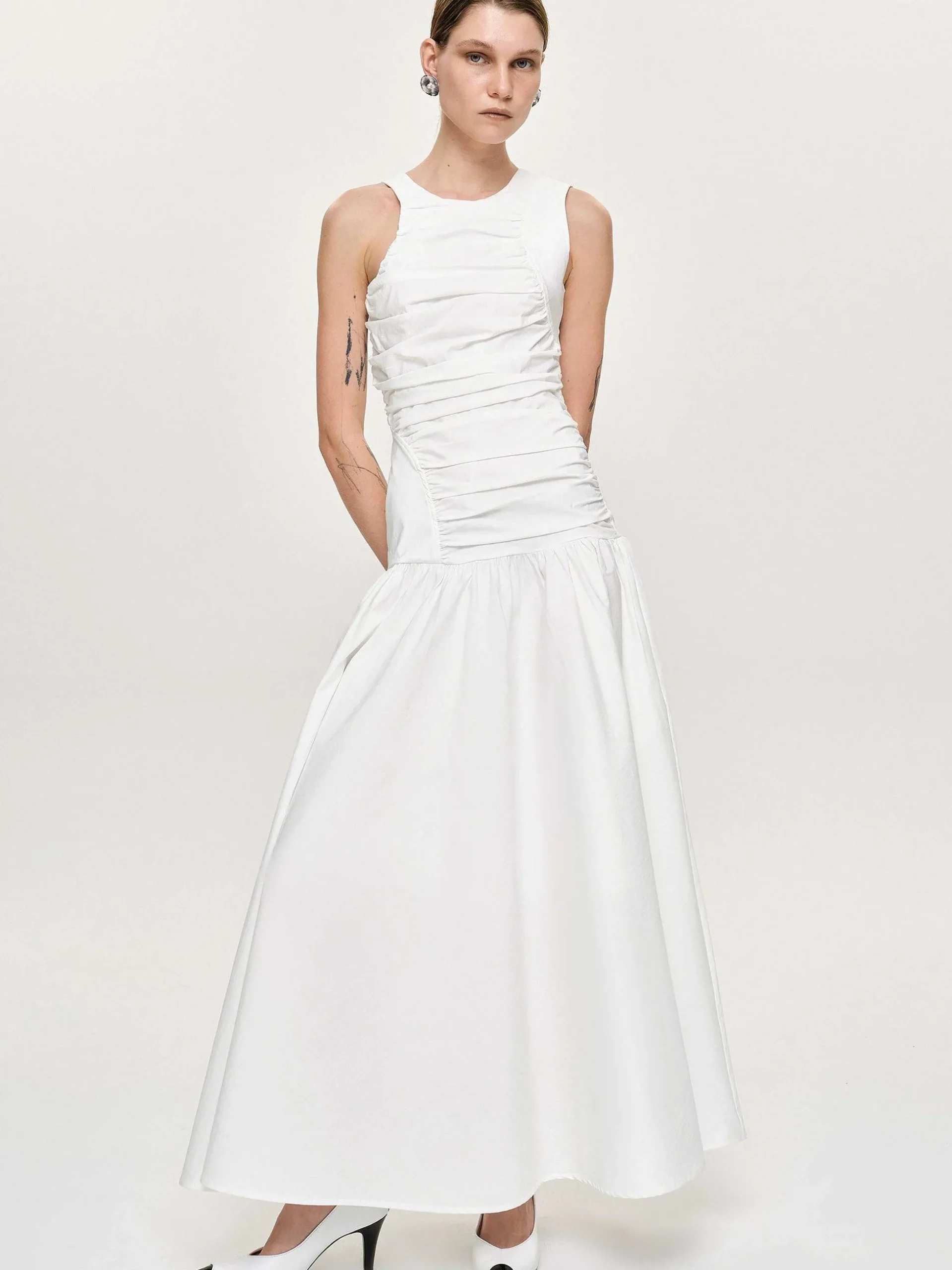 Women Source Unknown Accessories-Drop Waist Ruched Dress, Off White