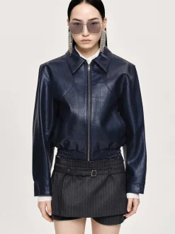Women Source Unknown Accessories-Ennio Faux-Leather Bomber Jacket, Navy
