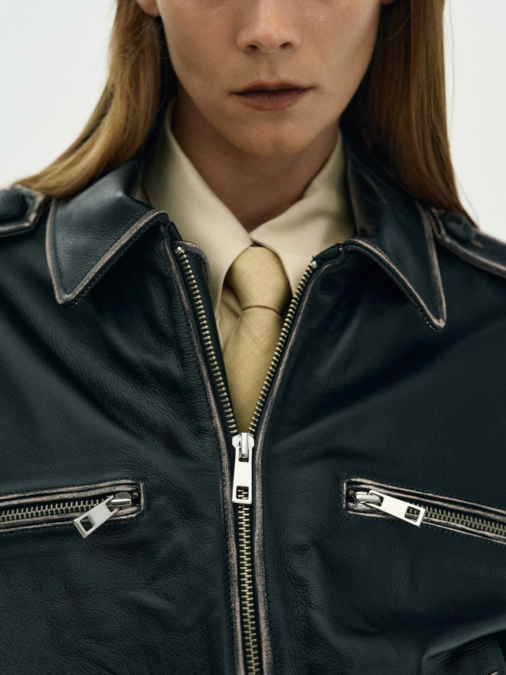 Women Source Unknown Clothing-Faded Leather Jacket,