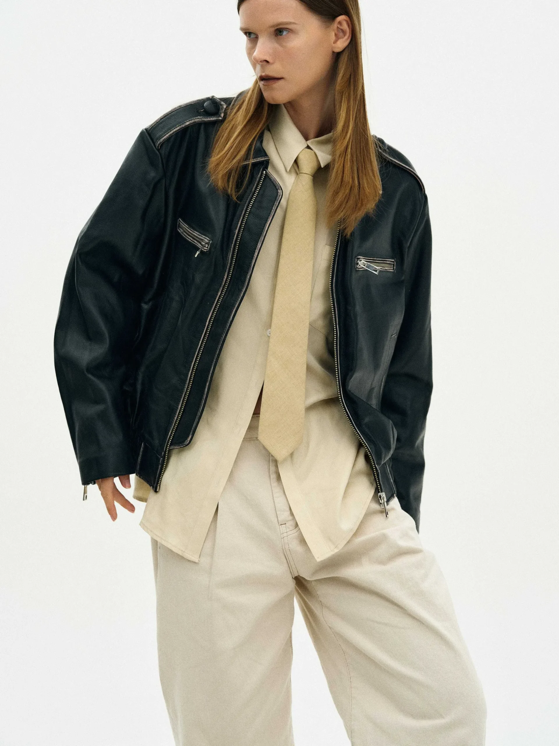 Women Source Unknown Clothing-Faded Leather Jacket,