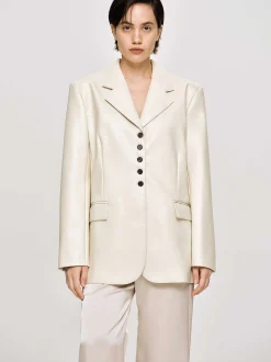 Women Source Unknown Clothing-Faux Leather Button Jacket, Warm Beige