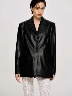 Women Source Unknown Outerwear-Faux Leather Button Jacket, Black