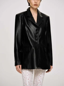 Women Source Unknown Outerwear-Faux Leather Button Jacket, Black