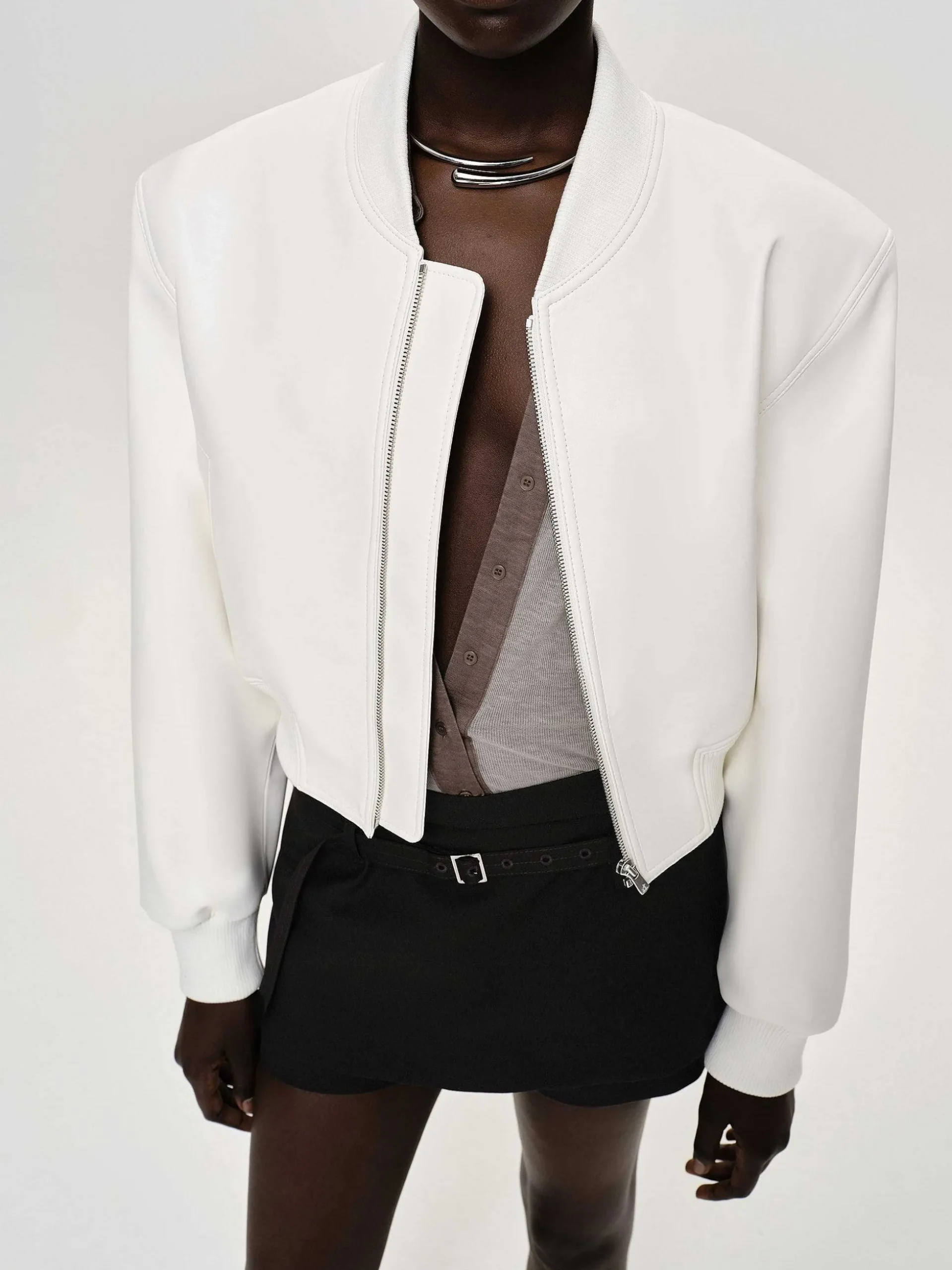 Women Source Unknown Clothing-Faux-Leather Bomber Jacket, White