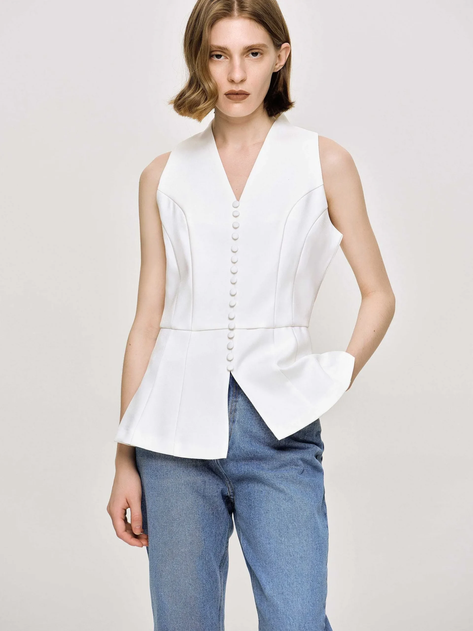 Women Source Unknown Tops-Flared Button Vest, White