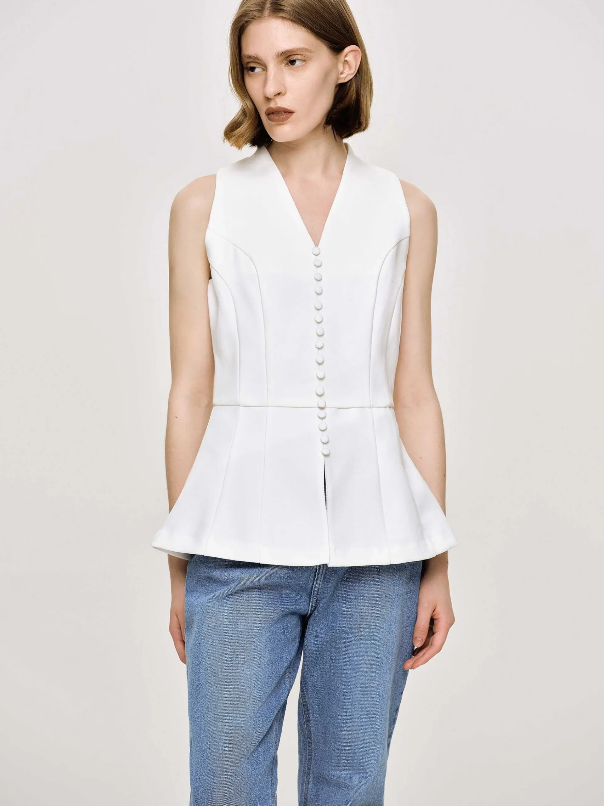 Women Source Unknown Tops-Flared Button Vest, White