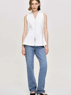 Women Source Unknown Tops-Flared Button Vest, White