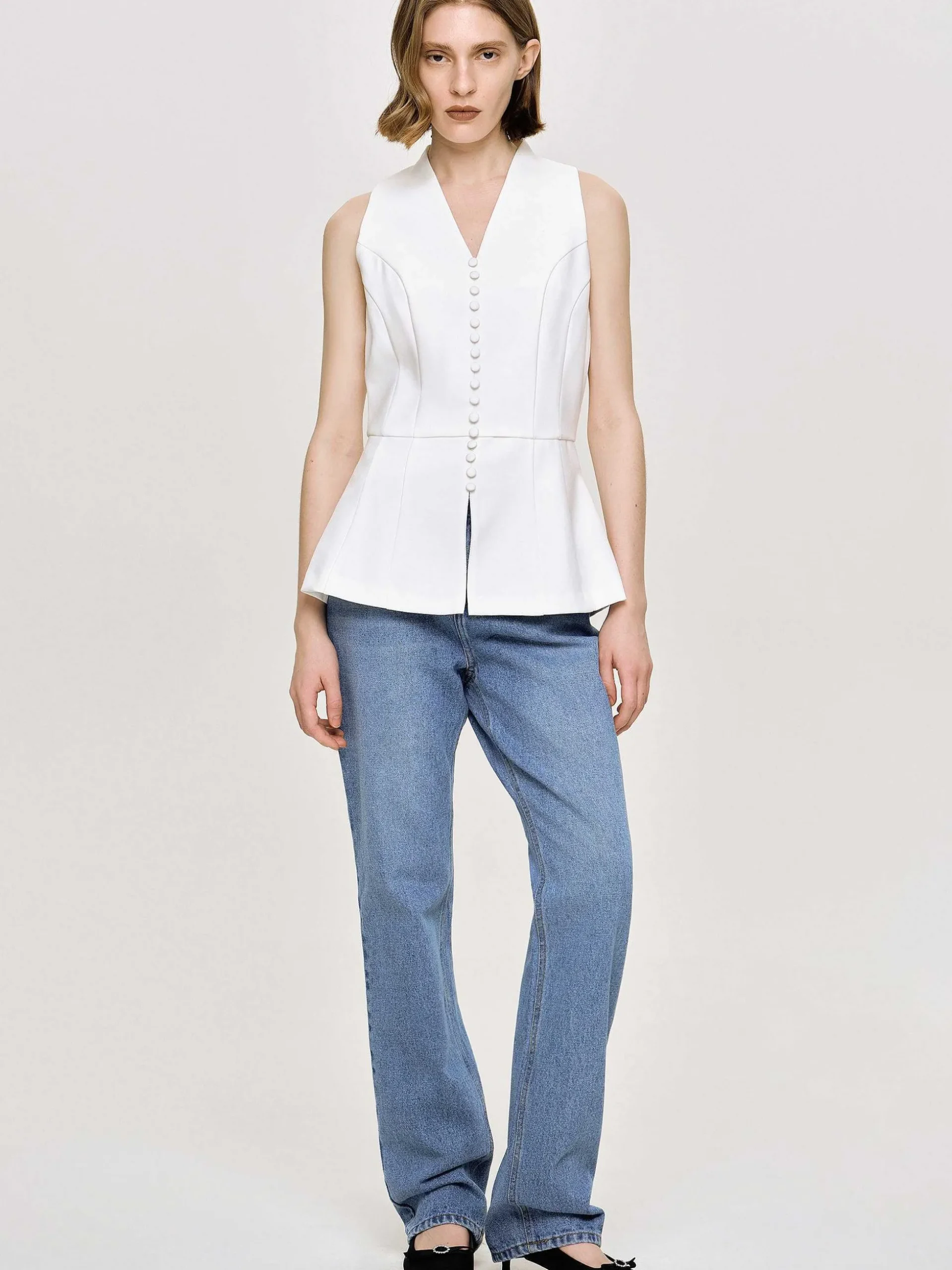 Women Source Unknown Tops-Flared Button Vest, White