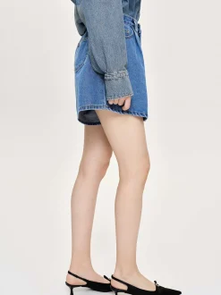 Women Source Unknown Clothing-Flared Denim Shorts, Medium Blue
