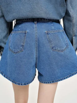 Women Source Unknown Clothing-Flared Denim Shorts, Medium Blue