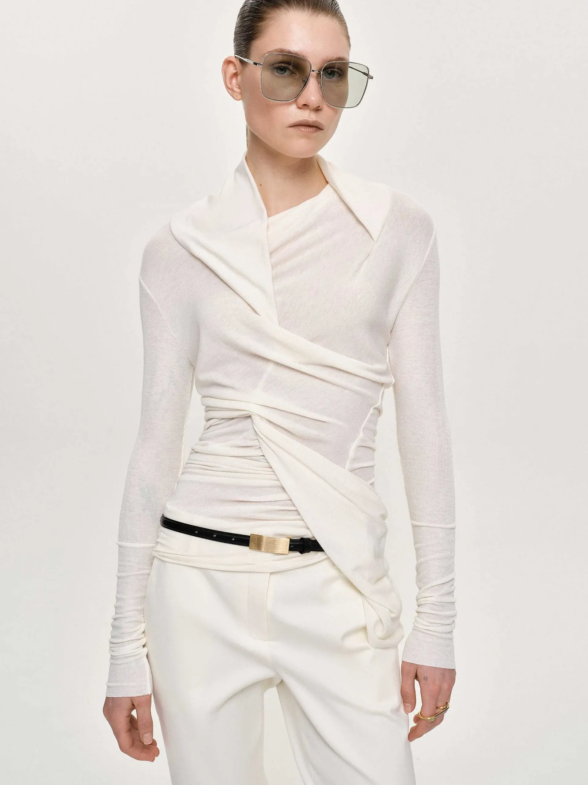 Women Source Unknown Tops-Folgore Asymmetric Drape Top, Ivory