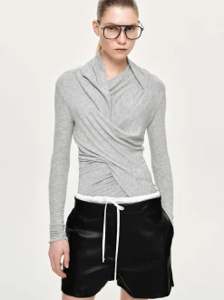 Women Source Unknown Tops-Folgore Asymmetric Drape Top, Grey