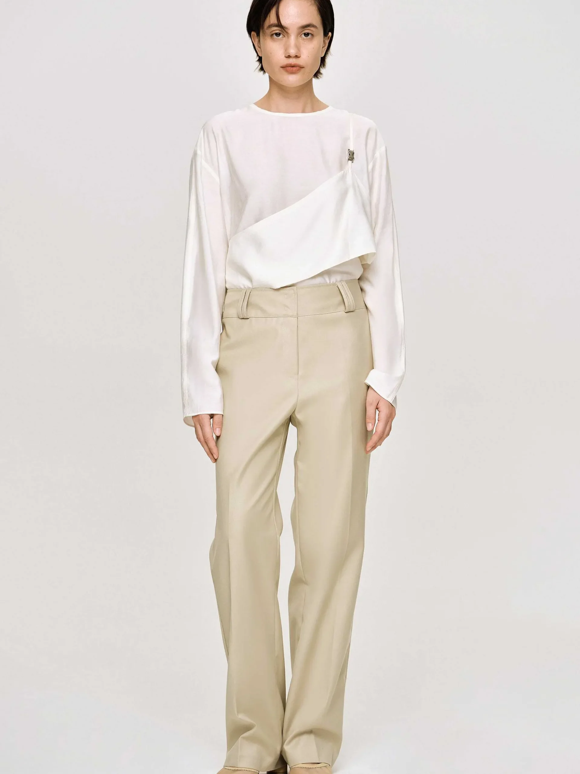 Women Source Unknown Clothing-Gabardine Straight-Leg Trousers, Beige
