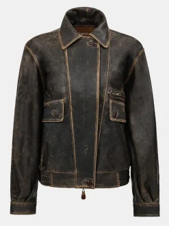 Women Source Unknown Accessories-Geva Faded Lambskin Bomber Jacket, Brown