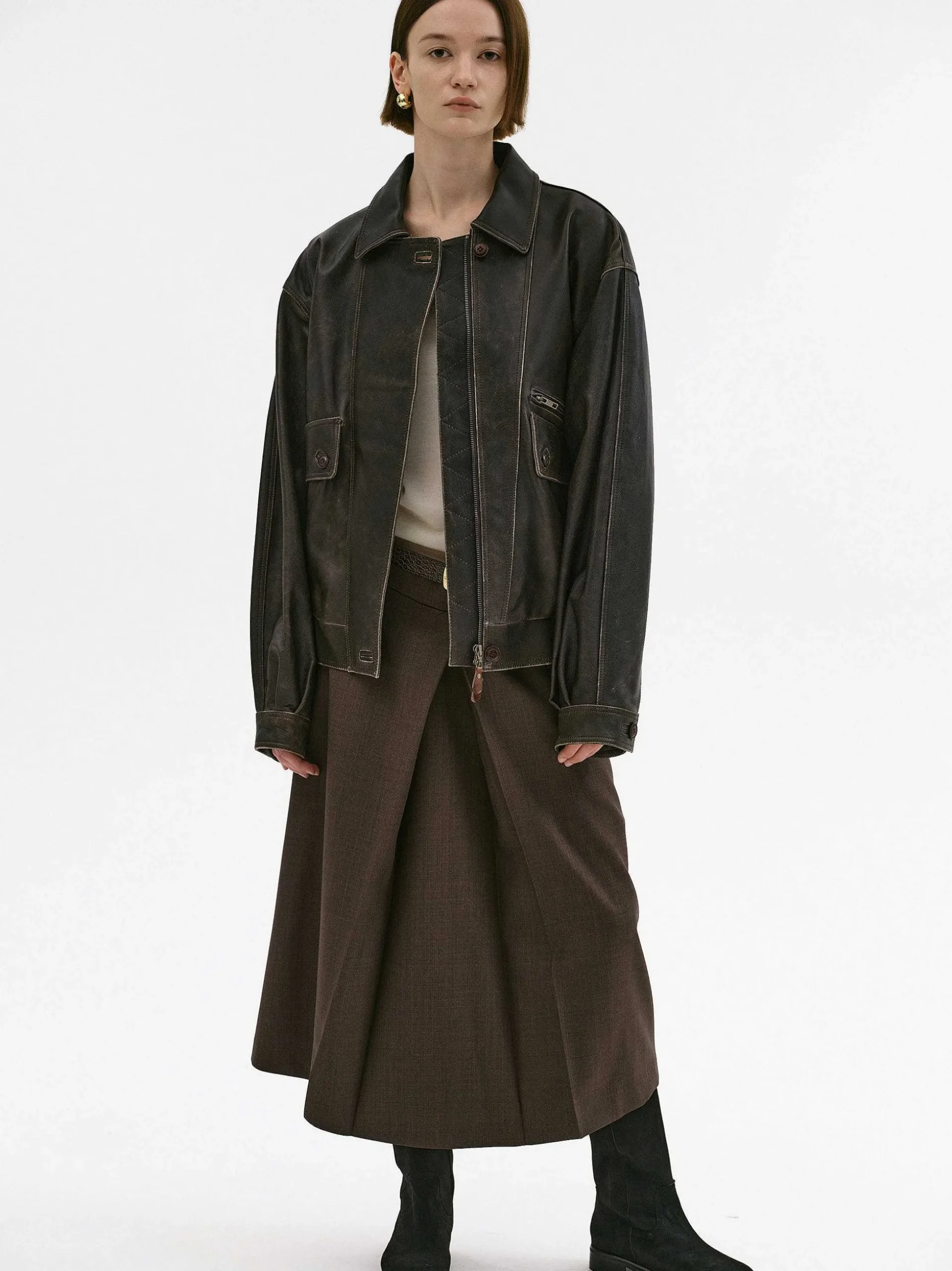 Women Source Unknown Accessories-Geva Faded Lambskin Bomber Jacket, Brown