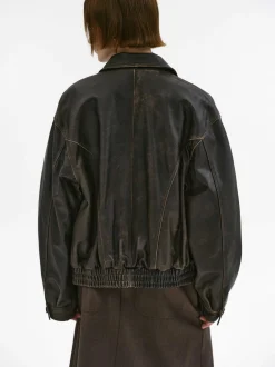 Women Source Unknown Accessories-Geva Faded Lambskin Bomber Jacket, Brown