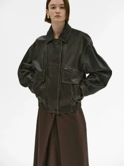 Women Source Unknown Accessories-Geva Faded Lambskin Bomber Jacket, Brown