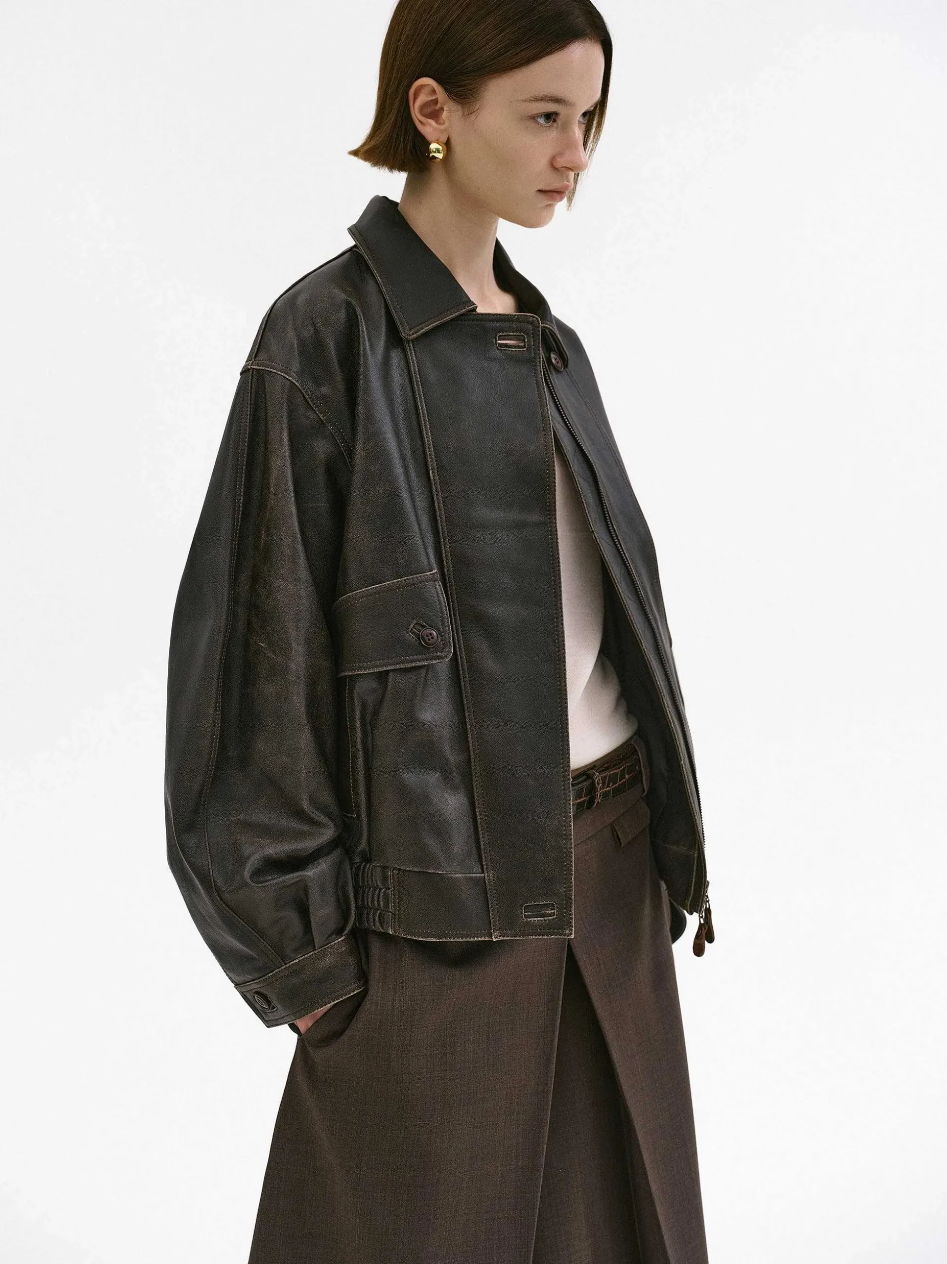 Women Source Unknown Accessories-Geva Faded Lambskin Bomber Jacket, Brown