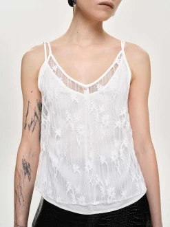 Women Source Unknown Tops-Intersia Floral Tank Top, White