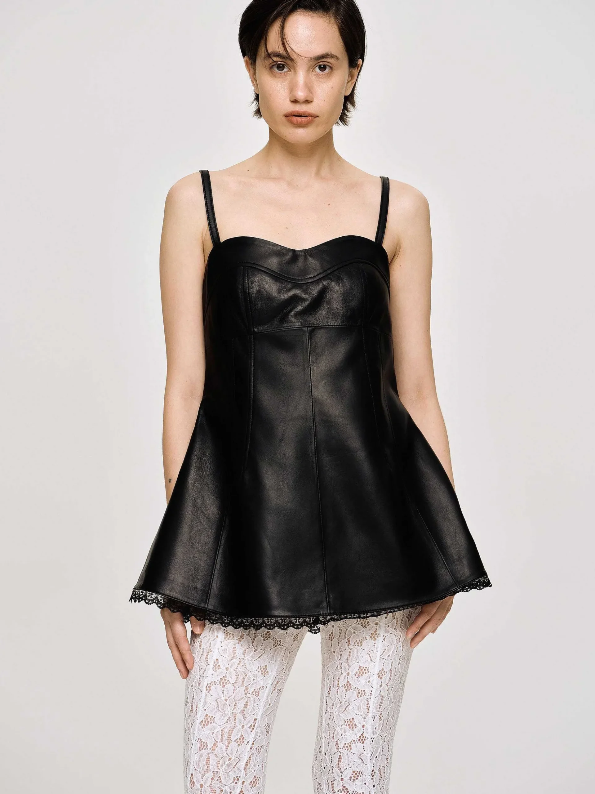 Women Source Unknown Clothing-Lambskin Bustier Leather Top, Black