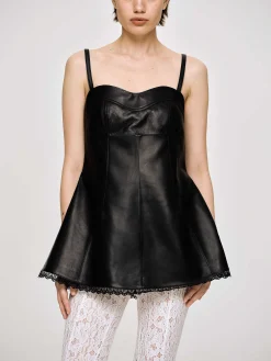 Women Source Unknown Tops-Lambskin Bustier Leather Top, Black