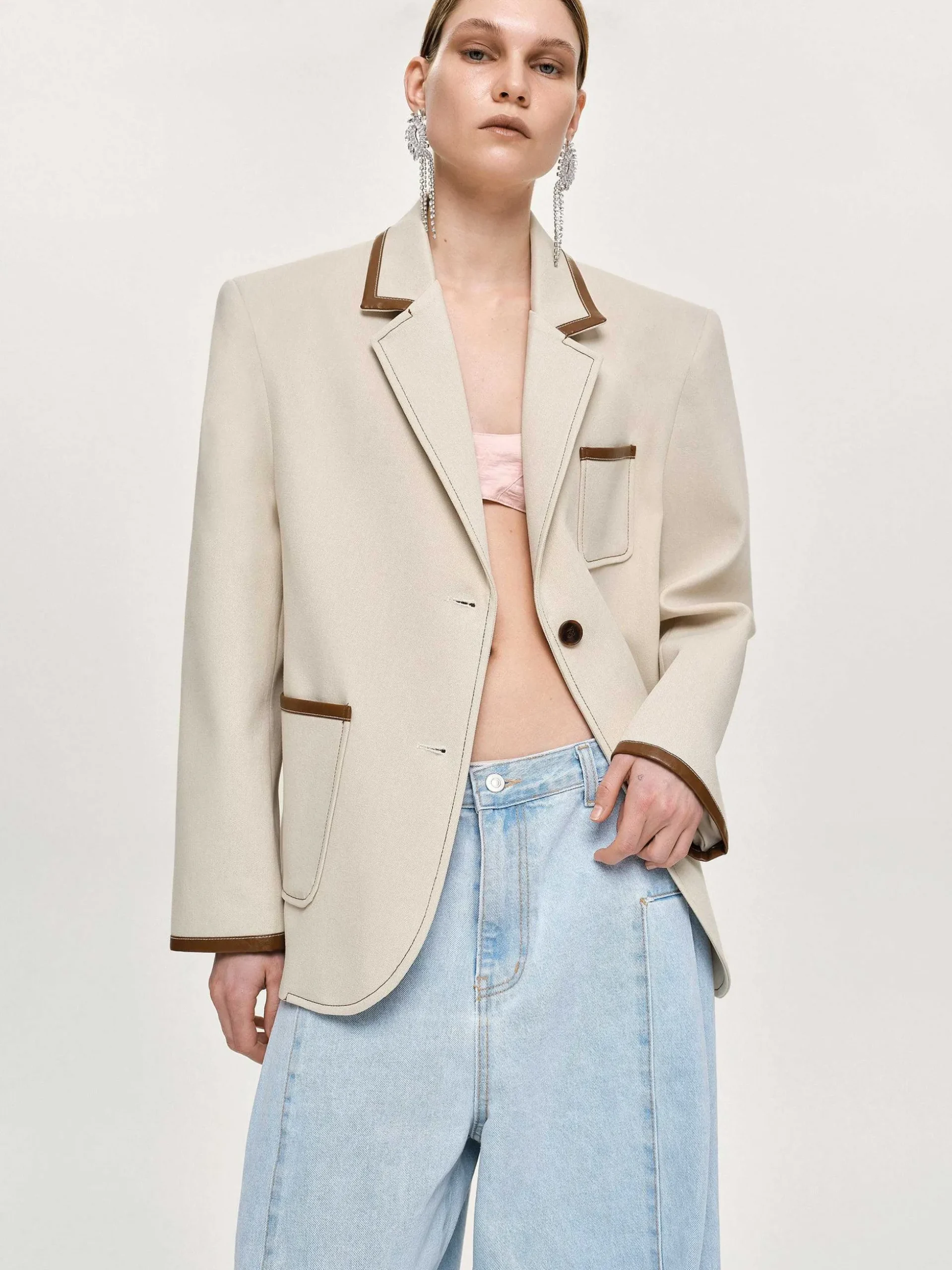 Women Source Unknown Co-Ords-Leather-Trimmed Blazer, Canvas
