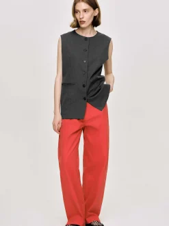 Women Source Unknown Tops-Long Button Vest, Charcoal Melange