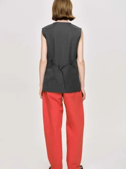 Women Source Unknown Tops-Long Button Vest, Charcoal Melange