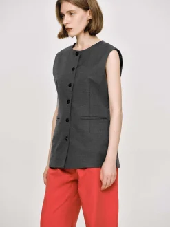 Women Source Unknown Tops-Long Button Vest, Charcoal Melange