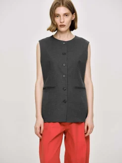Women Source Unknown Clothing-Long Button Vest, Charcoal Melange
