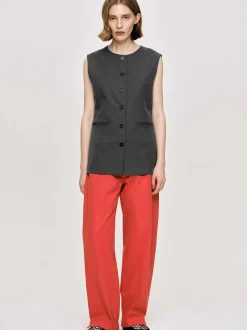 Women Source Unknown Clothing-Long Button Vest, Charcoal Melange