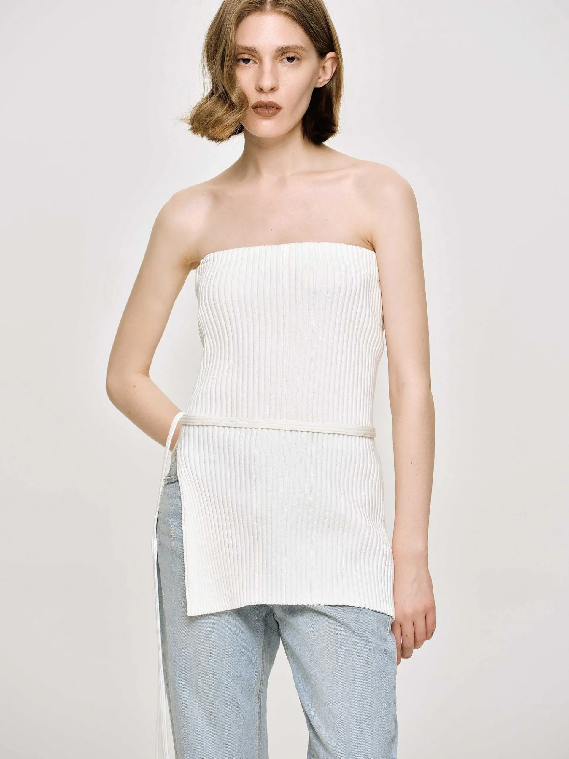 Women Source Unknown Clothing-Long Split Rib Knit, White