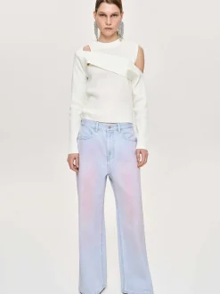 Women Source Unknown Denim-Painted Wide-Leg Jeans, Pink Washed