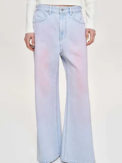 Women Source Unknown Denim-Painted Wide-Leg Jeans, Pink Washed