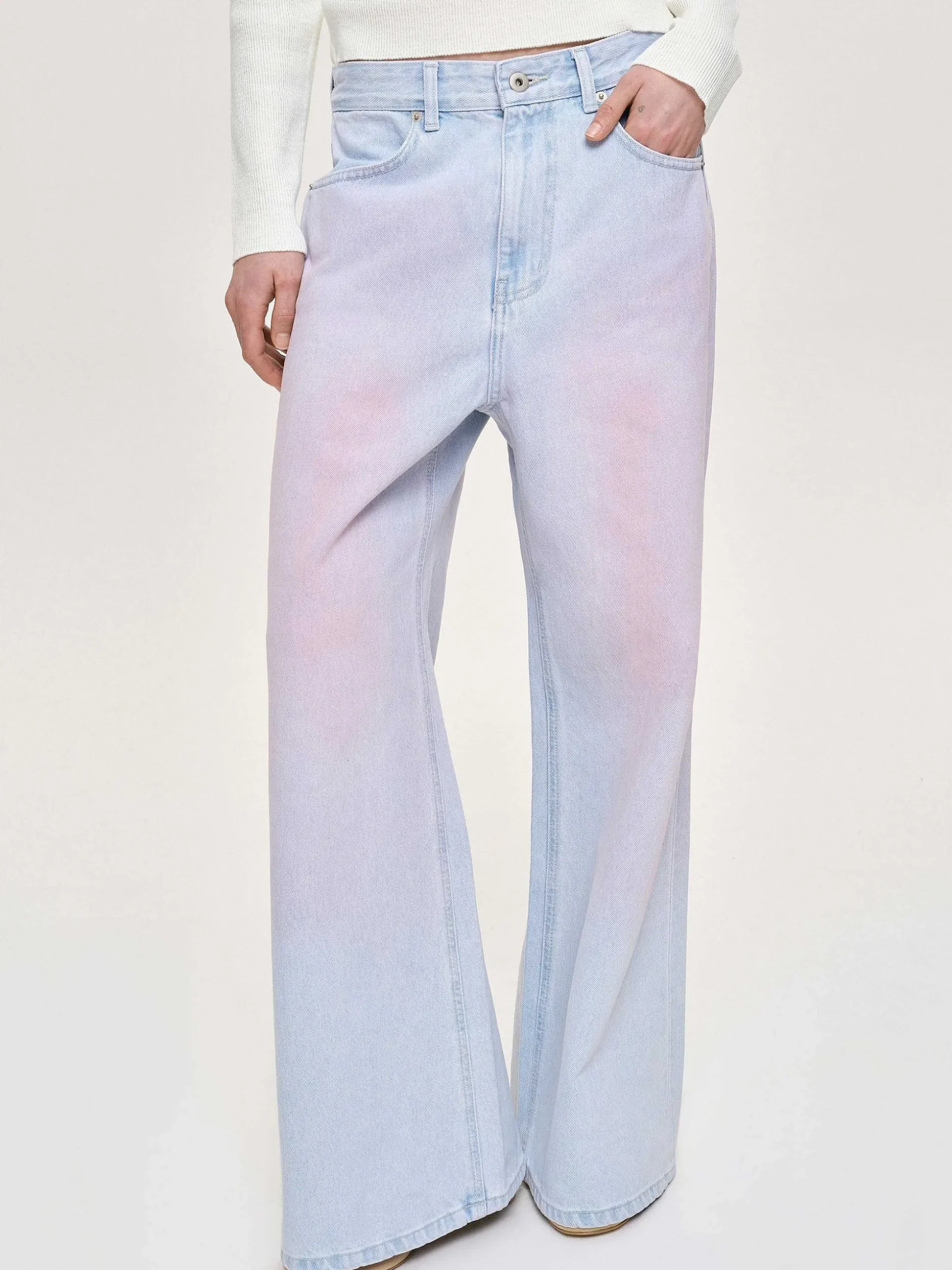 Women Source Unknown Denim-Painted Wide-Leg Jeans, Pink Washed